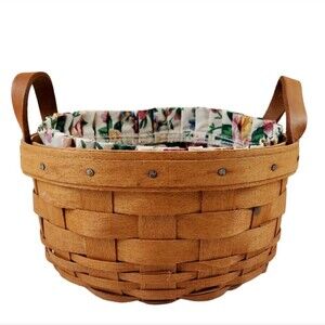 LONGABERGER Medium Handwoven Basket w/ Floral Fabric Liner | 1993 | USA Made